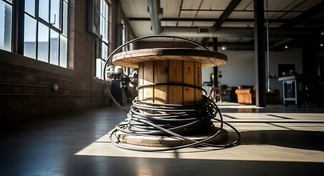 Large wooden cable spool with black wire in industrial warehouse workshop.