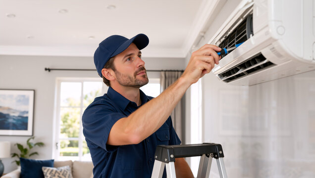 Professional technician on ladder repairing indoor air conditioning unit. Male worker in blue uniform servicing wall mounted split system. HVAC maintenance in residential home