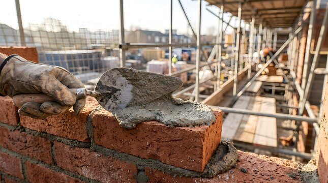 Construction worker applying mortar to a red brick wall at a building site