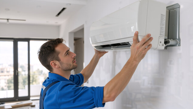 Professional technician installing air conditioner on wall. Male service worker in blue uniform repairing AC unit in modern apartment. HVAC maintenance concept