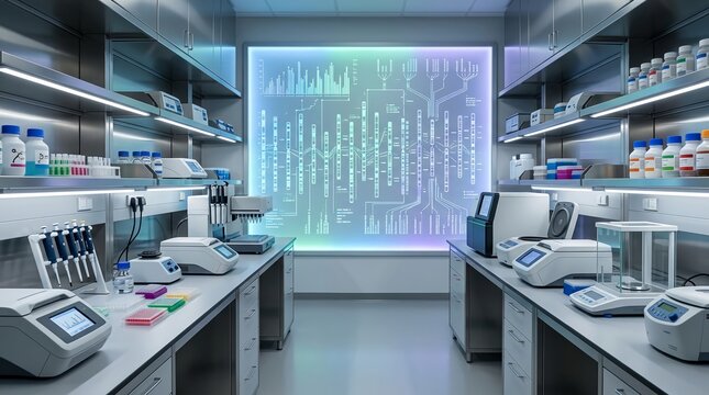 Modern genetics research laboratory with glowing chromosome map display