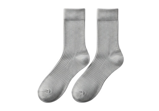 Pair of comfortable grey knit wool socks for winter isolated on transparent background