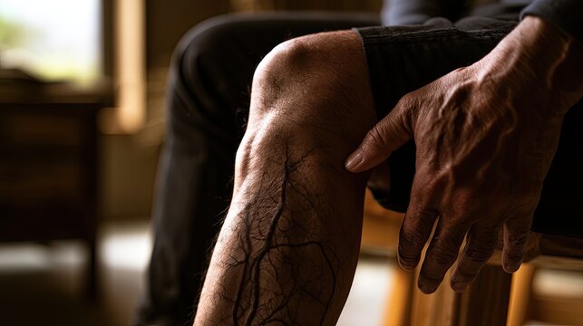Close-up on a human leg with prominent veins and a hand touching it