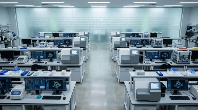 Advanced genomic research laboratory with DNA sequencing machines and monitors displaying molecular structures