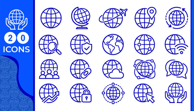 Collection of twenty blue line art globe icons representing world travel international communication and global networking concepts