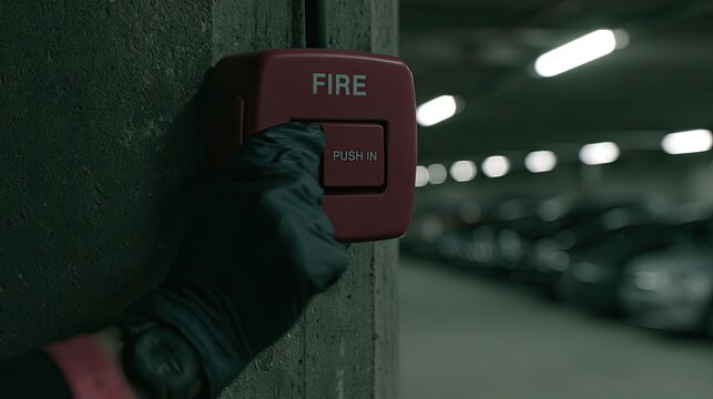A gloved hand presses a red fire alarm in a dimly lit parking garage