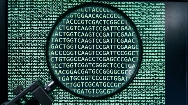 DNA sequence analysis with magnifying glass on computer screen