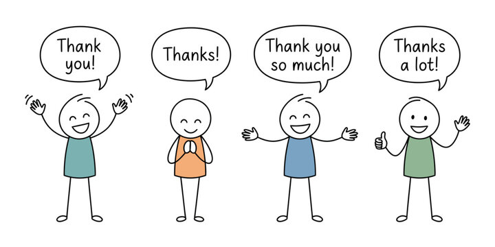 Hand drawn stick figures expressing gratitude with speech bubbles saying thank you in a simple doodle style illustration