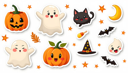 Naklejka premium Cute Halloween Sticker Set with Ghost and Black Cat
