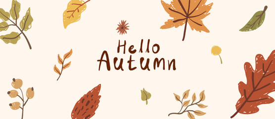 Flat cartoon seasonal fall typography header, featuring hand-drawn foliage, maple leaf, oak, and berry asset with crayon texture. Minimalist graphic poster design bundle for cozy Thanksgiving  © NUR