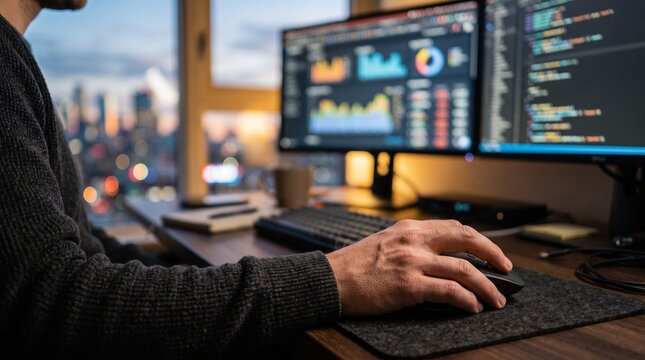 Person typing on computer keyboard in front of dual monitors with cityscape