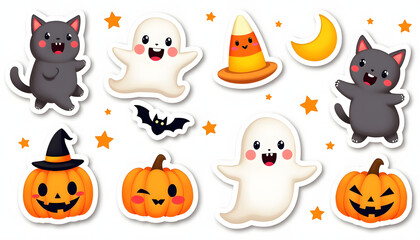 Naklejka premium Cute Halloween Sticker Set with Cat Ghost and Candy Corn
