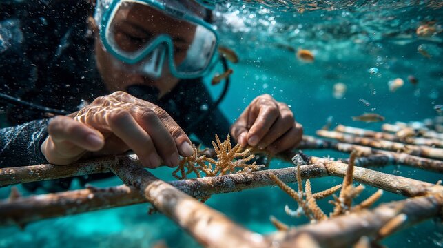 マスク姿のダイバーがサンゴを移植する水中保護活動のクローズアップ