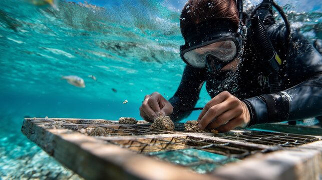 太陽光が差し込む海中でサンゴ礁再生に取り組むダイバーの活動風景