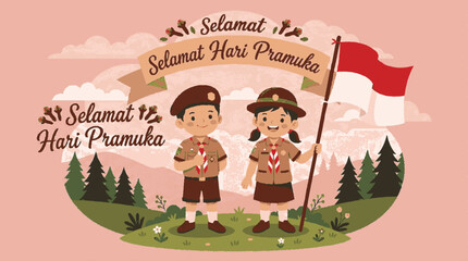 Fototapeta premium Charming flat vector illustration of two young scouts celebrating indonesian scout day with a flag in a scenic forest landscape