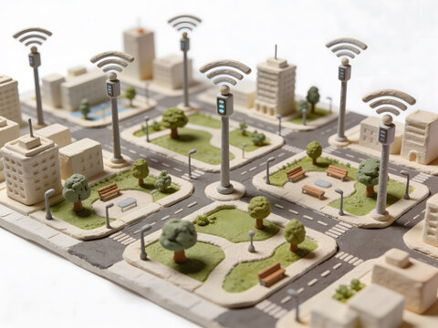 Smart city network with IoT sensors, Wi-Fi connectivity, connected infrastructure and urban parks, showcasing intelligent city planning, digital transformation and public services.