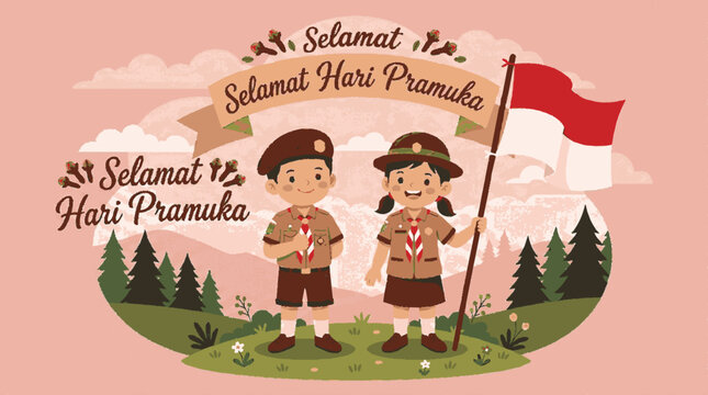 Charming flat vector illustration of two young scouts celebrating indonesian scout day with a flag in a scenic forest landscape