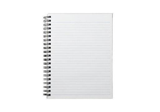 Open spiral notebook with lined white paper pages isolated on transparent background