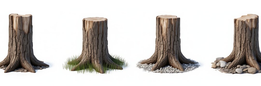 Realistic tree stump collection isolated on transparent background. Perfect for forest landscapes, environmental illustrations, game assets, gardening, outdoor scenes, and landscaping projects.