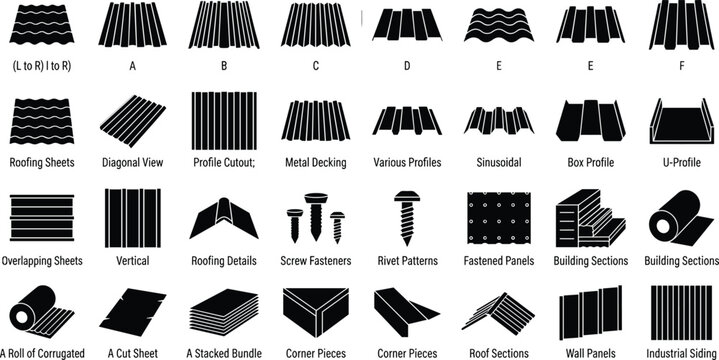 Collection of metal roofing sheets and construction profiles, industrial building materials, cladding panels, fasteners
