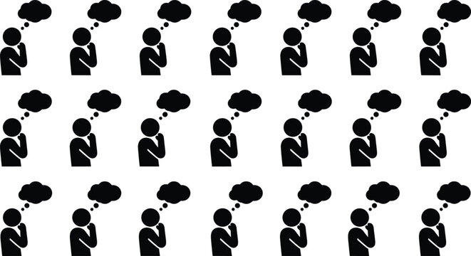 Collection of thinking person icons, silhouettes of people with thought bubbles, concepts of brainstorming, ideas, and reflection, isolated.