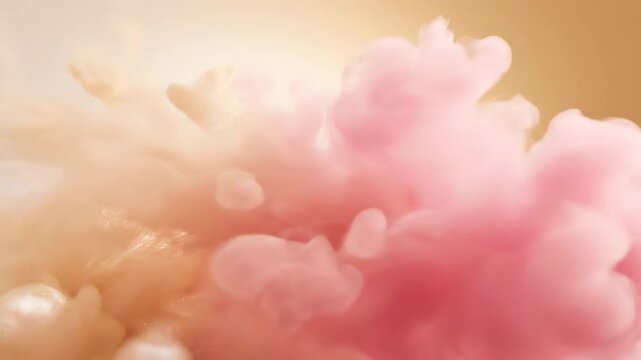 Pink perfume vapor dissolving in pastel background. Abstract liquid smoke swirling in soft gradient.