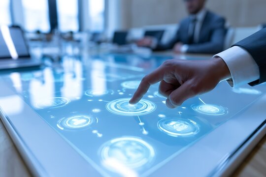 Professional touching a large interactive touch table featuring glowing circular data nodes and complex networking symbols in a bright corporate office setting for team collaboration meetings.