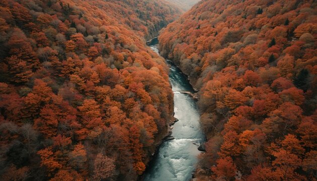 Winding river flowing through a deep valley covered in vibrant orange autumn forest, breathtaking aerial landscape scenery