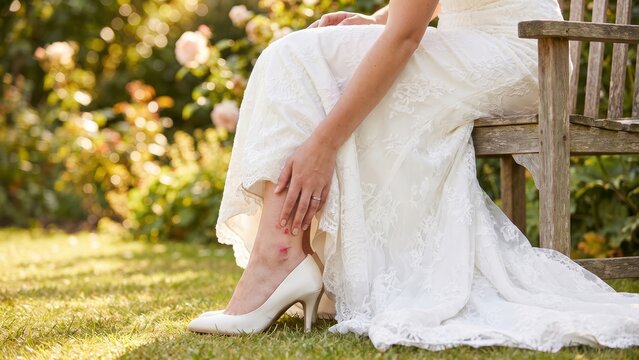 Bride in wedding dress touching injured leg with insect bite in garden