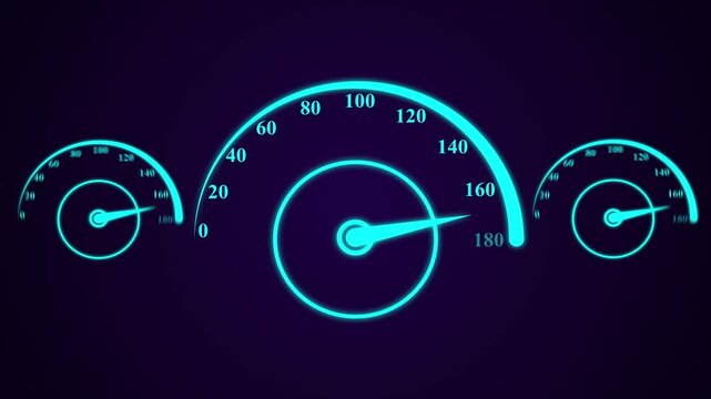 dynamic futuristic speedometer animation with multiple gauges on dark background showing increasing speed