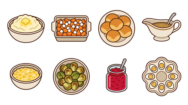 Mashed Potatoes Bowl and Sweet Potato Casserole Grid Asset Sheet for Traditional Thanksgiving Menu Planners