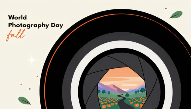 World Photography Day, fall photography theme, camera lens icon, colorful graphic