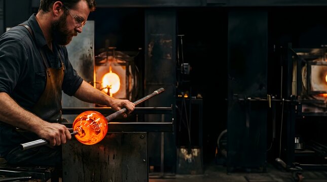 Professional glassblower shaping molten hot glass in a traditional workshop
