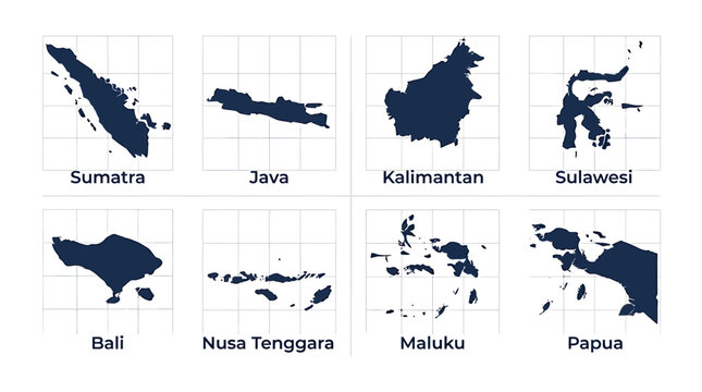 Detailed map illustrations of Indonesia's regions on grid background