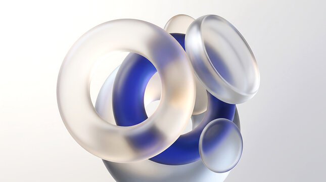 Abstract composition of translucent glass rings and solid blue torus shapes with soft studio lighting