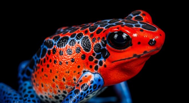 Macro portrait of a colorful poison dart frog with red and blue skin against a black background.