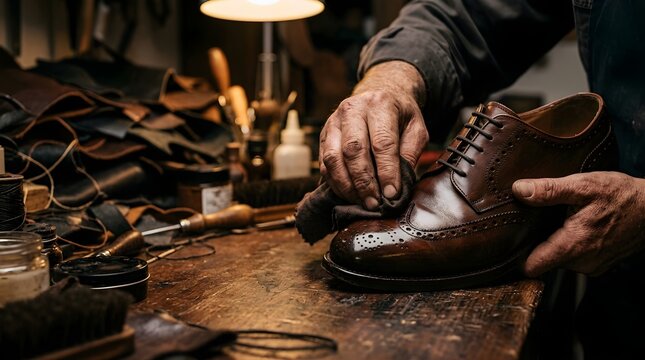Skilled shoemaker polishing a brown leather brogue shoe in a workshop