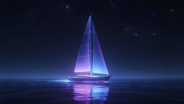Sailboat at night with glowing sails