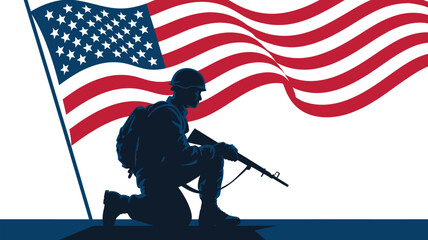 Fototapeta premium Kneeling military soldier silhouette with rifle in hand against waving American flag