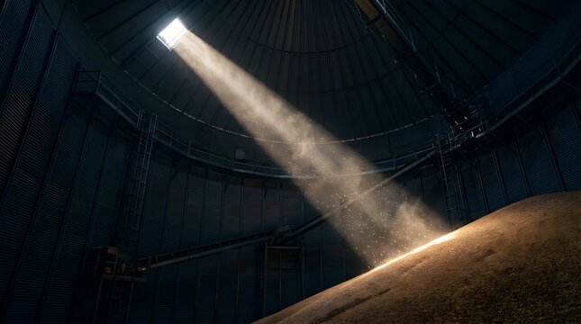 Sunbeam illuminating grain pile inside dark industrial silo interior