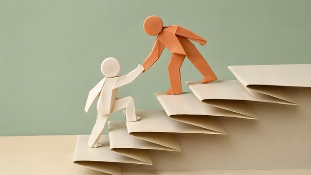 Origami paper figures helping each other up folded paper stairs showing creative teamwork and design mentorship