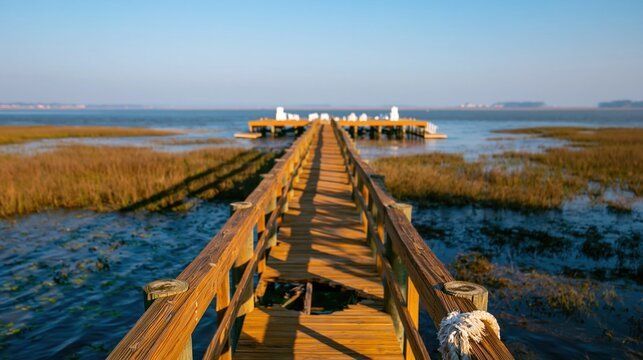 A long weathered wooden pier leads toward a sunlit dock over a calm coastal marsh for travel and environmental stock