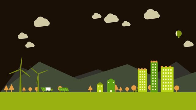 Sustainable city landscape with wind turbines and solar panels in flat design