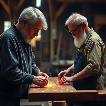 Two senior carpenters working together on a wooden workbench in a traditional workshop, crafting with flying sparks, AI generated.