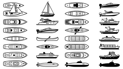 Boat Top View and Side View Black and White Vector Icon Set Featuring Marine Vessel Silhouettes for Maps Navigation and Nautical Design © B