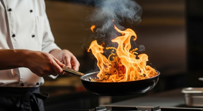 Chef flamb?ing food in a pan with flames, cooking process.