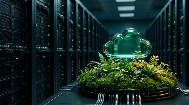 Sustainable data center processing green cloud computing workloads with glowing glass network symbol growing among living moss and servers