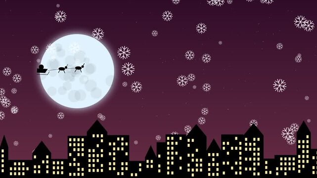 Santa claus flying in sleigh over city skyline with full moon and falling snow