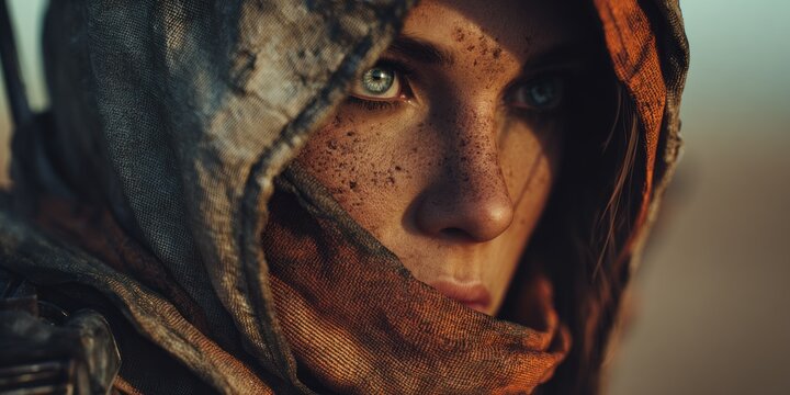 Close up portrait of a person with piercing eyes and a hooded garment