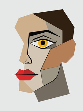 Stylized geometric human face with bold colors and abstract shapes on light background